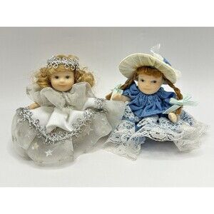 Miniature Porcelain Jointed Dolls w White Silver Star & Blue Dress 2.5" Lot of 2